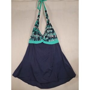 Islander Swimdress Size 24W Blue Teal Geometric Halter One Piece Bathing Suit